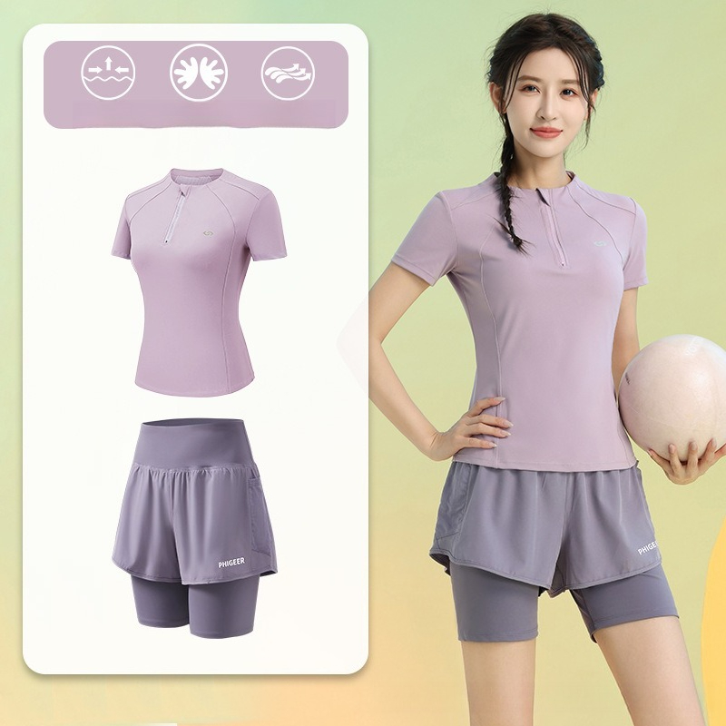 Running Gear Gym - 여름 여성용 2피스 러닝복 반팔 하프집업