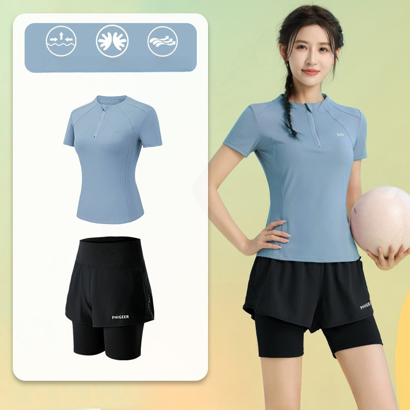 여름 여성용 2피스 러닝복 반팔 하프집업 상의 플리츠  - Running Gear Gym 리뷰 및 가격