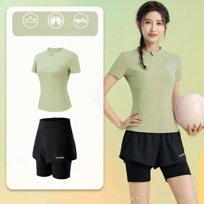 여름 여성용 2피스 러닝복 반팔 하프집업 상의 플리츠  - Running Gear Gym 리뷰 및 가격