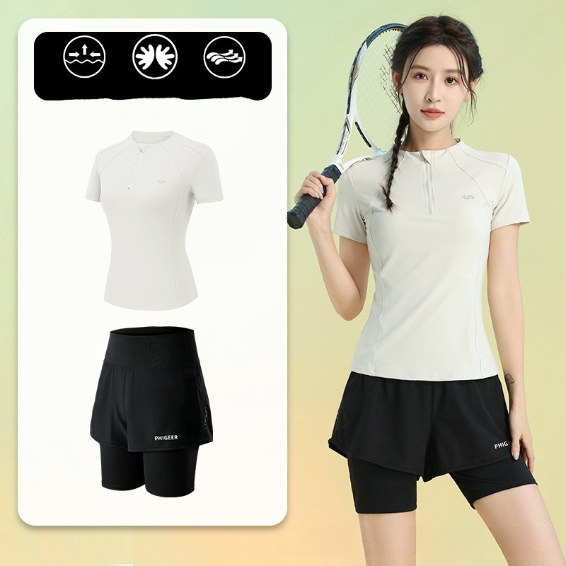 여름 여성용 2피스 러닝복 반팔 하프집업 상의 플리츠  - Running Gear Gym 리뷰 및 가격